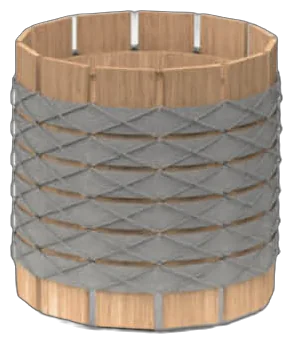 RODA Barrique round iroko planter wrapped in woven belts and cord, outdoor planter by UnPIZZO