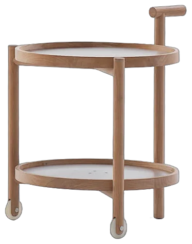 RODA Caddy round teak bar trolley with polished stainless steel trays, outdoor side table by Gordon Guillaumier