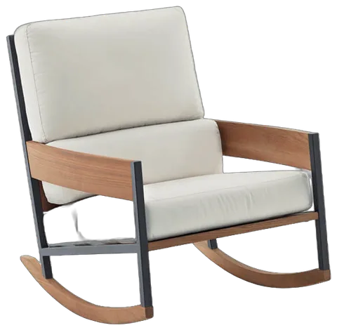 RODA Nap rocking chair with teak slats, smoke stainless steel frame and cushions, RODA garden furniture by Gordon Guillaumier