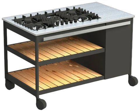 RODA Norma cooking module with five-burner gas hob and larch shelves on a smoke steel frame, Italian outdoor kitchen by Rodolfo Dordoni