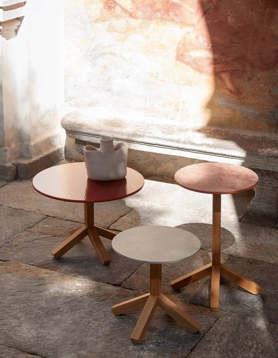 RODA Root teak pedestal tables, Italian outdoor furniture