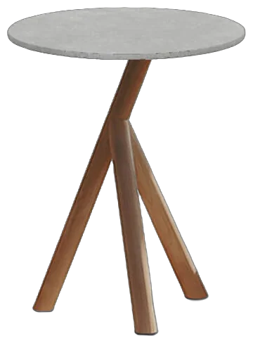 RODA Stork side table with three curved teak legs and a round top, teak outdoor side table by Gordon Guillaumier