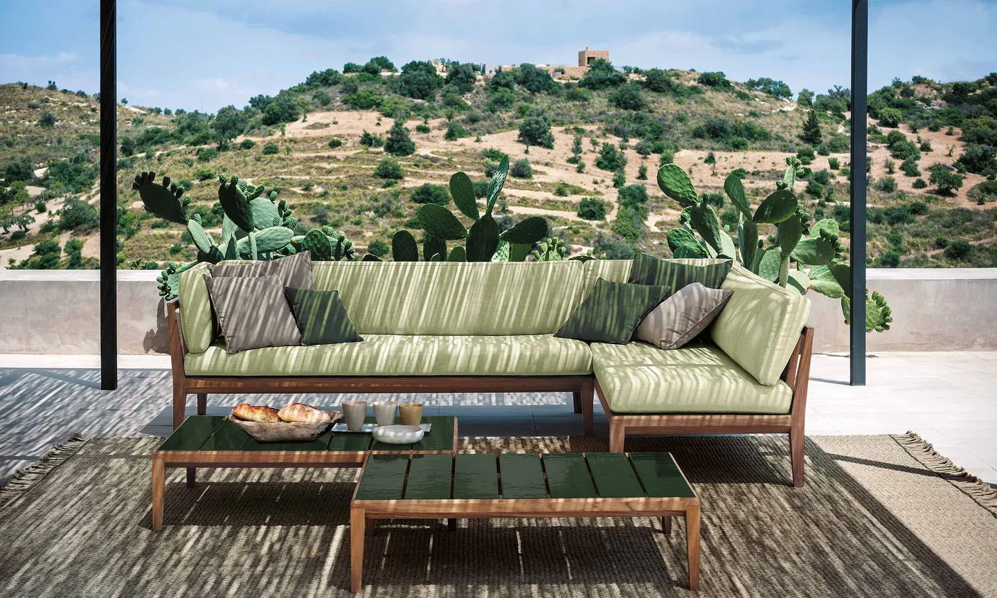 RODA Teka outdoor furniture on a terrace, catalog photograph 2