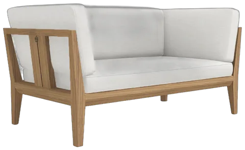 RODA Teka two-seater sofa in solid teak with hydro-draining cushions, RODA garden furniture by Gordon Guillaumier