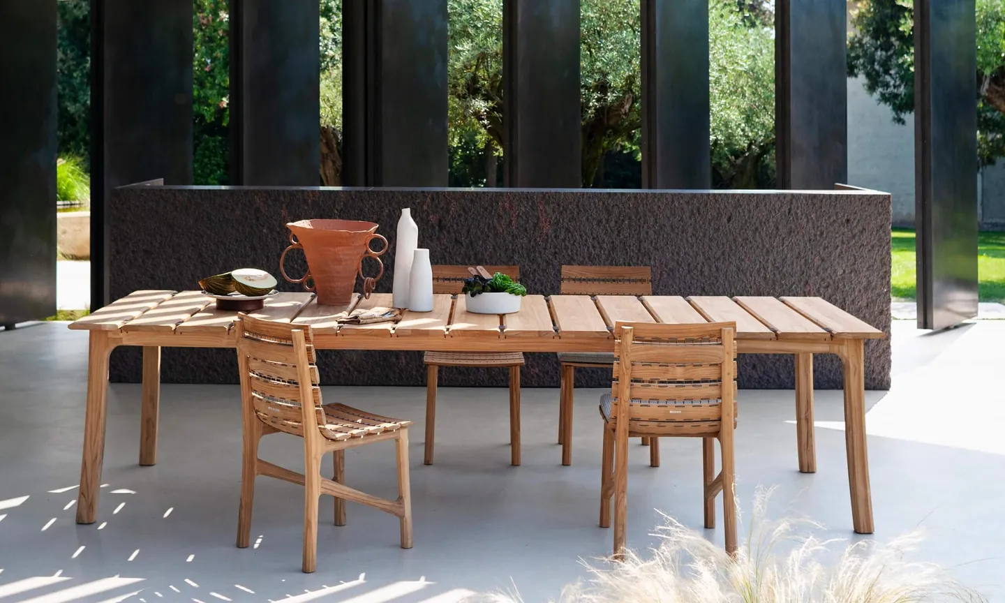 RODA Teseo stitched teak dining, Italian outdoor furniture