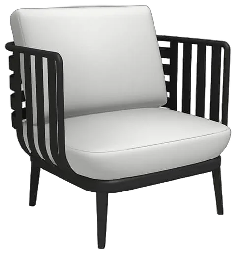 RODA Thea one-seater sofa in powder coated aluminum with white cushions, Italian outdoor furniture by Adam D. Tihany